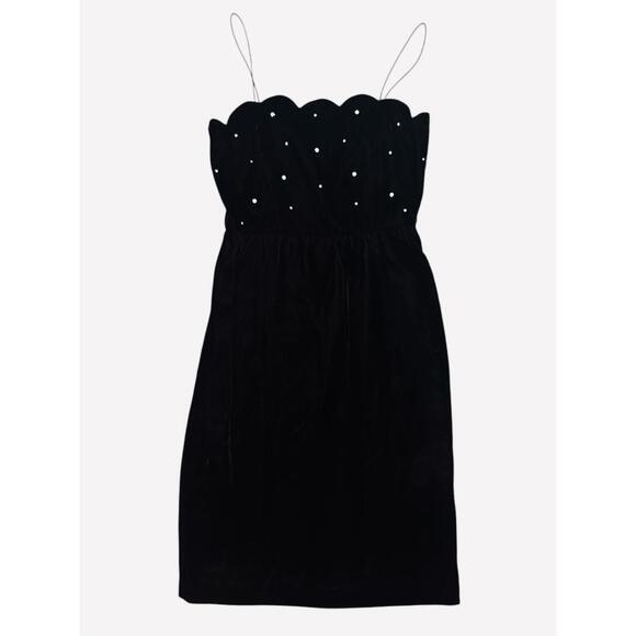 Vintage Black Velvet Mini Cami Dress & Jacket Scalloped Trim Rhinestones Size 12 - Picture 2 of 8